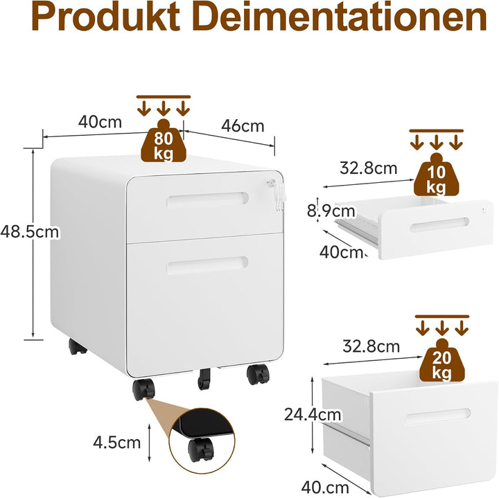 Rollcontainer, Mobiler Aktenschrank mit Schloss, Abgerundeten Ecken, 4 Schlüssel, Druckertisch, Bere