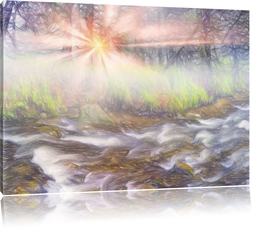 Pixxprint Nebeldickicht im Wald Kunst Buntstift Effekt, Format: 100x70 auf Leinwand, XXL riesige Bil