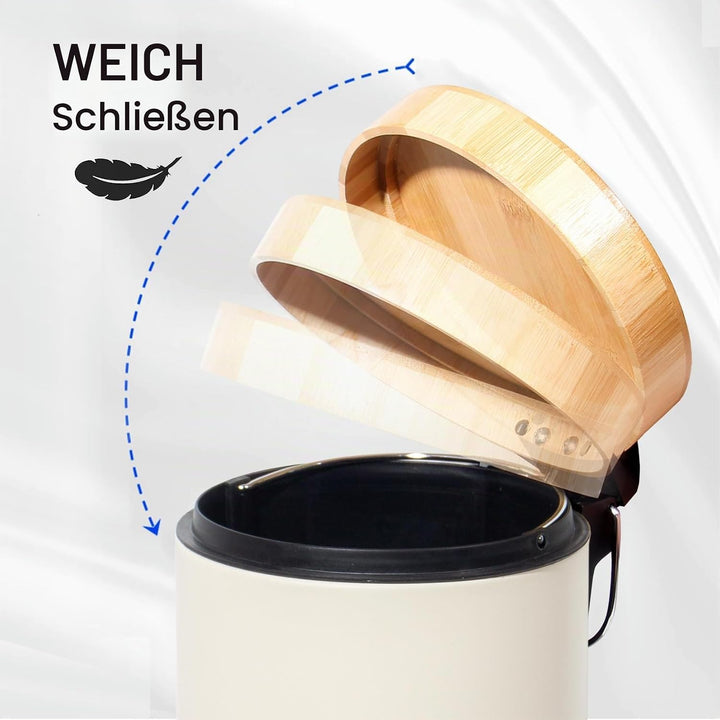 3L Mülleimer Bad mit Bambusdeckel, Kosmetikeimer mit Absenkautomatik (Soft Close), Badezimmer eimer,