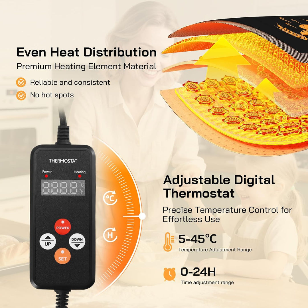 Sauerteig Wärmer Heizmatte mit Thermostat, 53x23cm | Präzise 5-45°C & 0-24H Timer. Wasserabweisend,