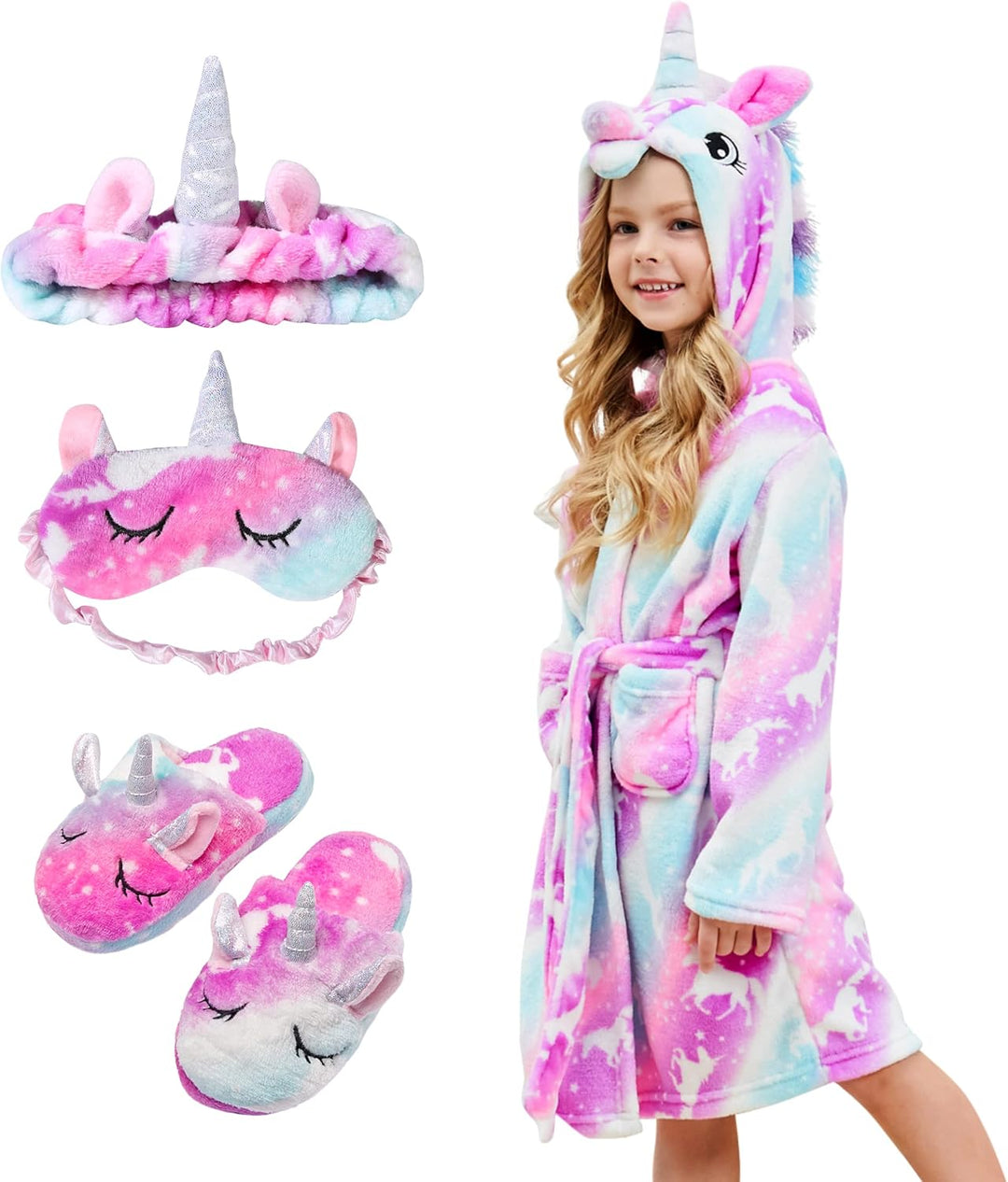 Piefry Weicher Einhorn-Bademantel mit Kapuze für Mädchen mit Einhorn-Pantoffeln, Augenbinde und Stir