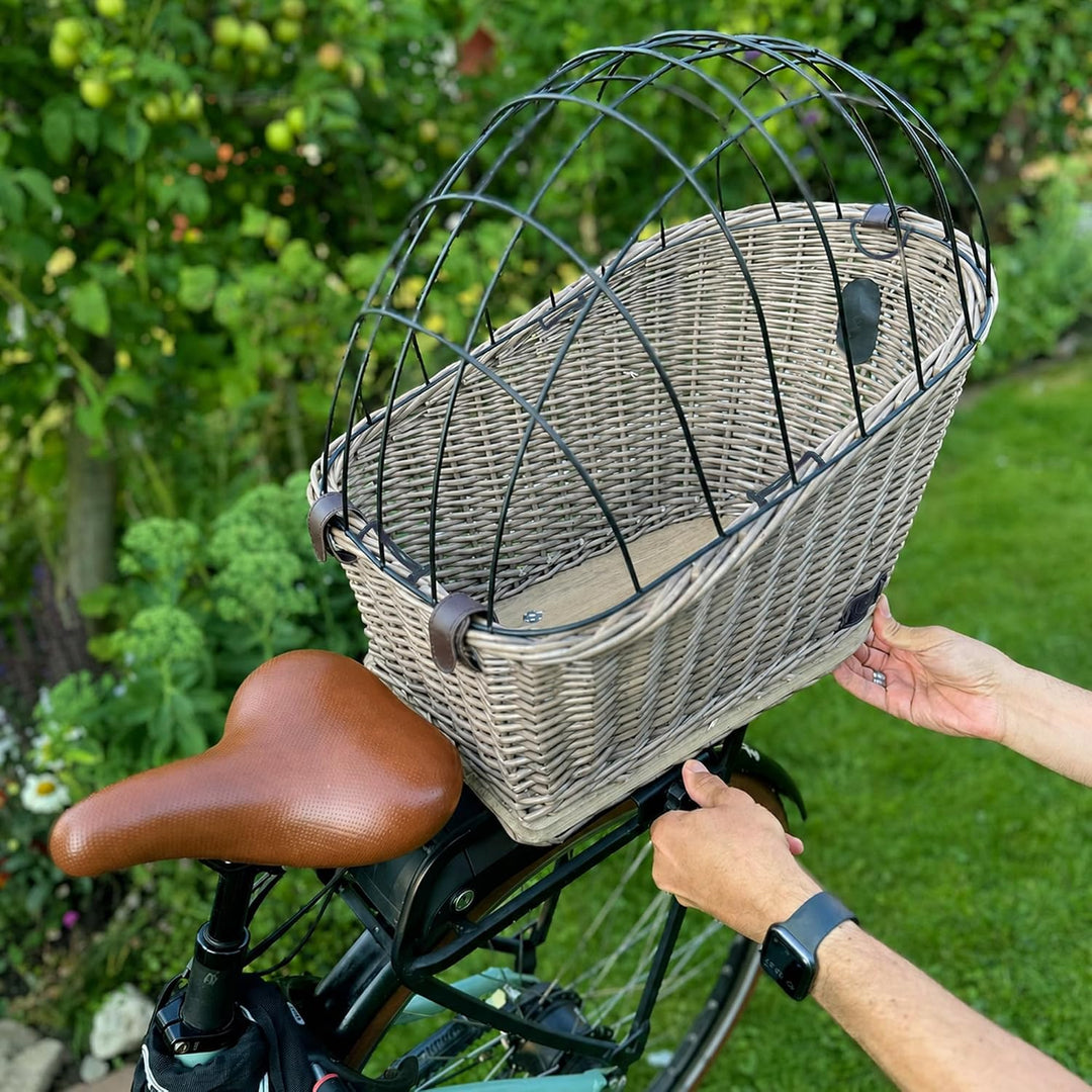 UNUS Hundefahrradkorb für Gepäckträger aus Weide Fahrradkorb mit Gitterabdeckung und Kissen, grau