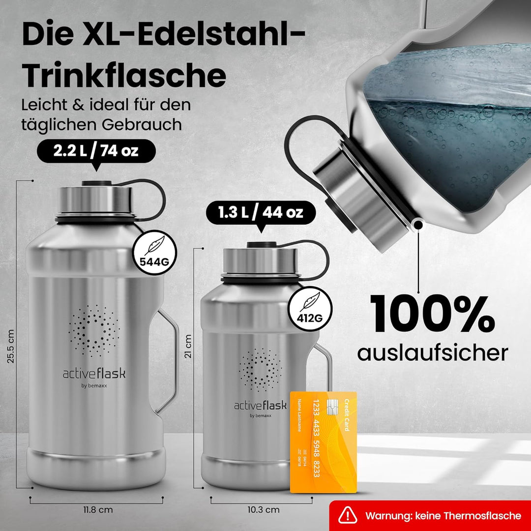 Trinkflasche Edelstahl ACTIVE FLASK + Strohhalm (3 Deckel) | Grosse 1,3 / 2,2 Liter Sportflasche BPA