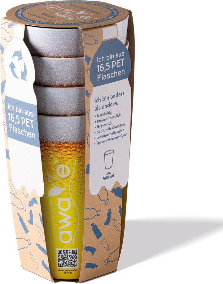 AWAVE Trinkbecher Set 4-teilig aus rPET, 500 ml, mit Eichstrich, Stapelbar, Mehrweg Wiederverwendbar