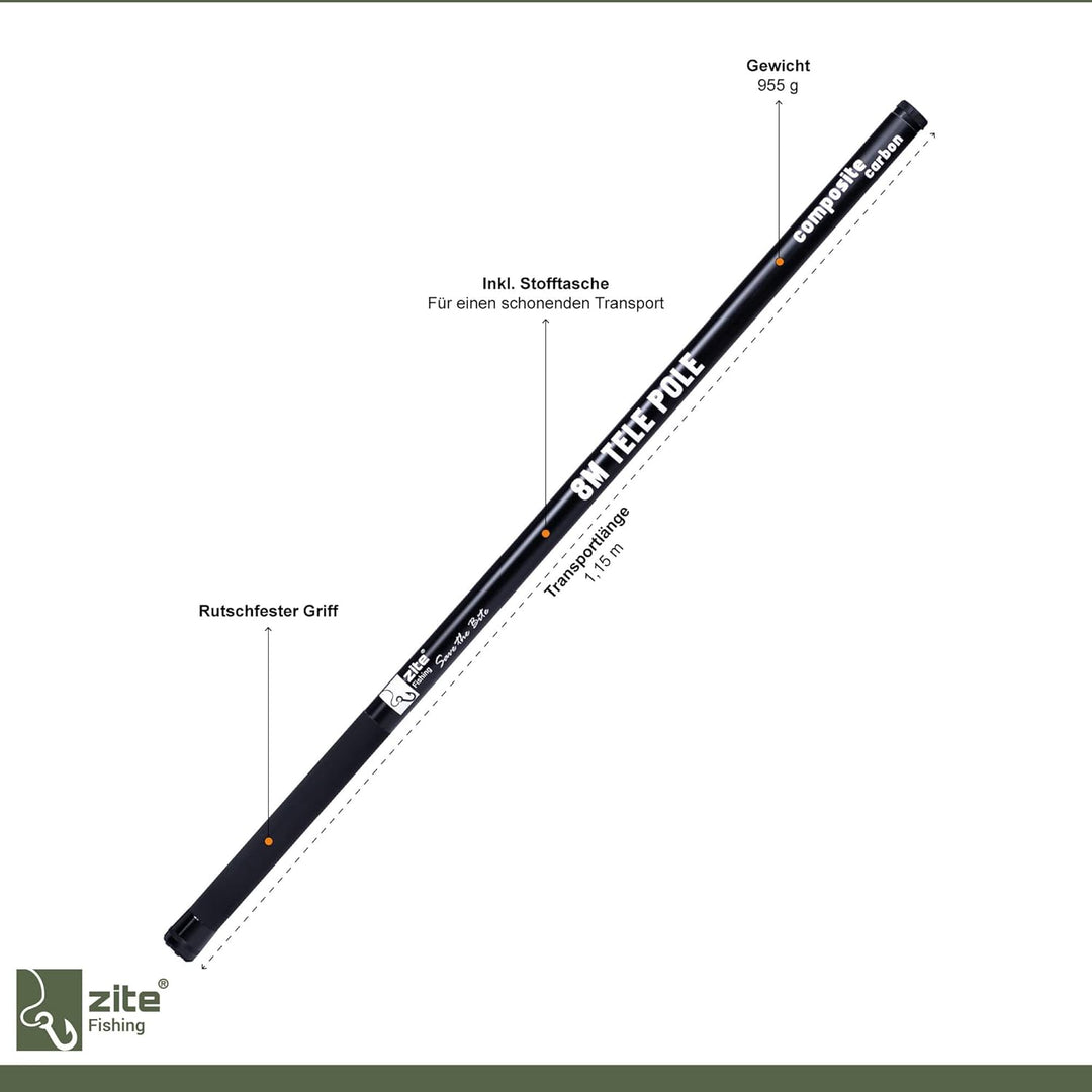 Zite Fishing Stipprute 8m Composite Carbon Stippe Teleskop-Rute - Auch als Geocaching-Angel Einsetzb