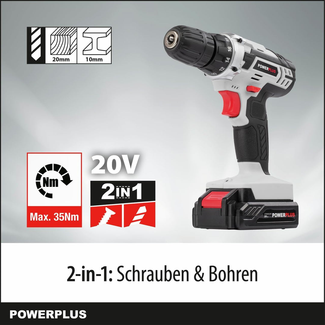 POWER plus Akkuschrauber & Akkubohrer POWC1071 - Akku Schraubendreher & Bohrer 20 V, Beinhaltet 1 x