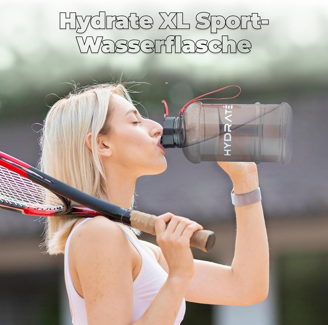 HYDRATE Hochwertige-2,2-Liter-Wasserflasche - jetzt mit Easy-Drink-Cap, langlebig & extra stark - BP