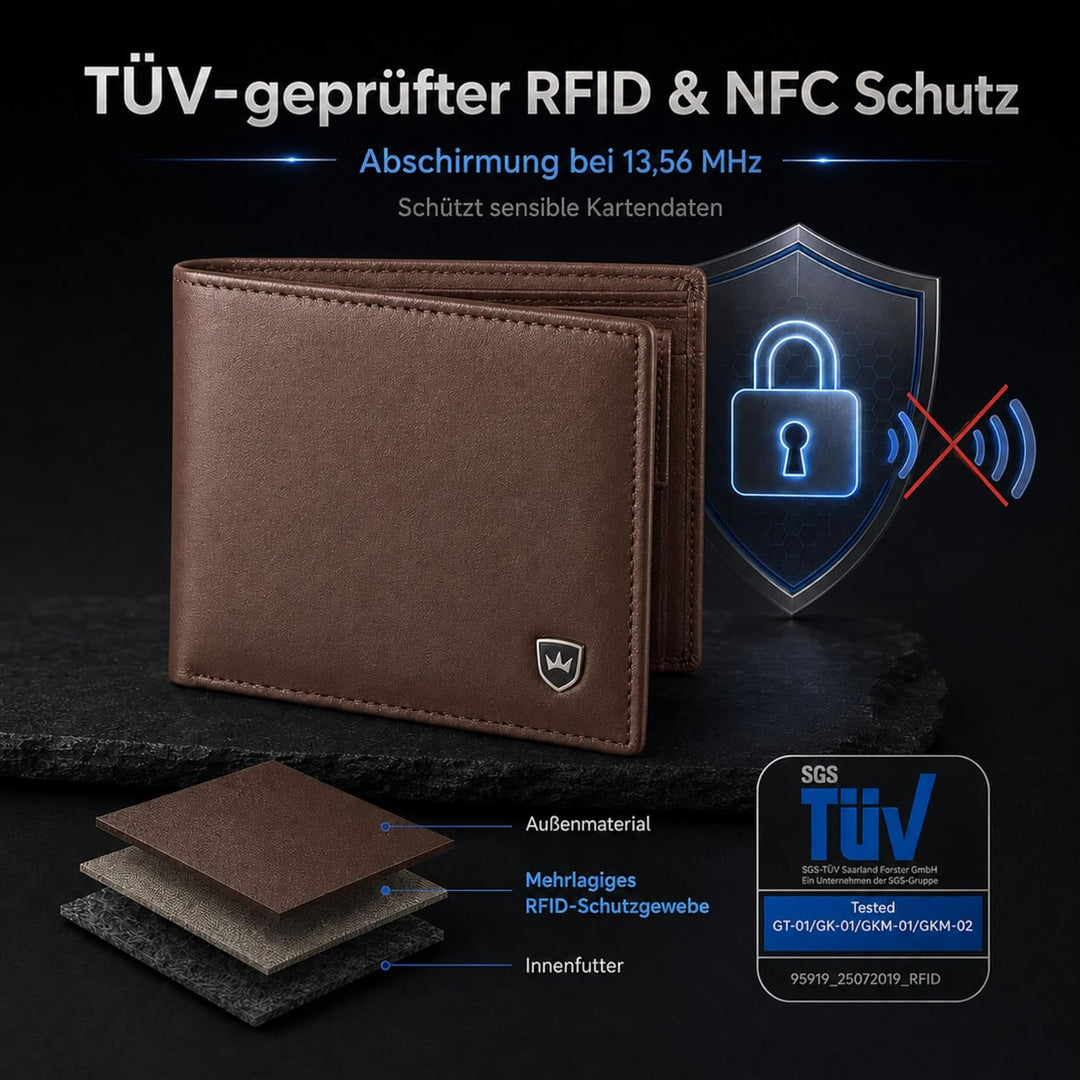 Kronenschein® Geldbörse Herren Leder mit RFID Schutz I Echtleder Portemonnaie gross I Geldbeutel für