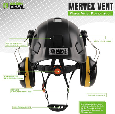 GREEN DEVIL Schutzhelm Arbeitshelm mit klarem Visier und Gehörschutz Ohrenschützer Einstellbarer ABS
