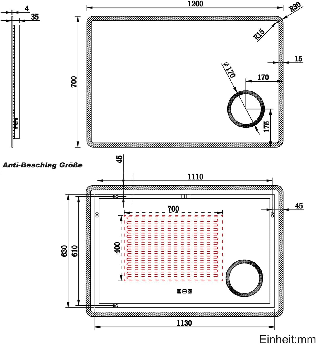 LED Badspiegel 120 x 70 cm Spiegel Bad mit Beleuchtung, 3 Farbe modi, Steckdose, 3X Lupe, Anti-Besch