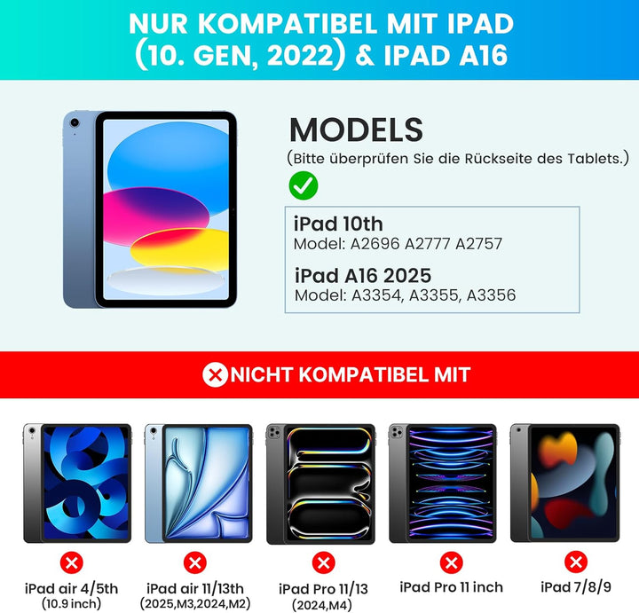 typecase Hülle mit Tastatur für iPad A16 11/10 Generation((2025/2022, 11/10.9 Zoll),7-farbige Beleuc