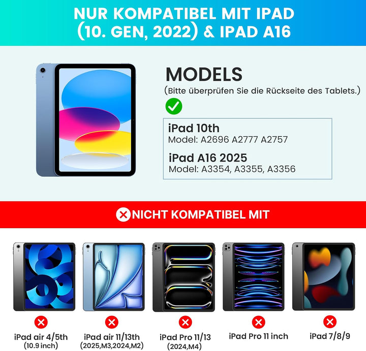 typecase Hülle mit Tastatur für iPad A16 11/10 Generation((2025/2022, 11/10.9 Zoll),7-farbige Beleuc