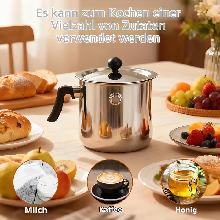 Milchtopf, Doppelwandiger Milchtopf aus Edelstahl, 2 Liter Milchtopfs mit Deckel und Rutschfester Ku