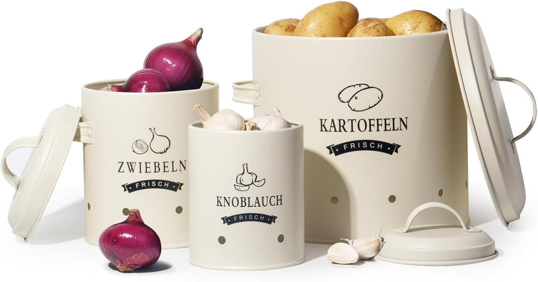 Theo&Cleo Kartoffel Vorratsdosen Set, Kartoffeltopf im Retro Design Zwiebeltopf, Grosser Vorratsbehä