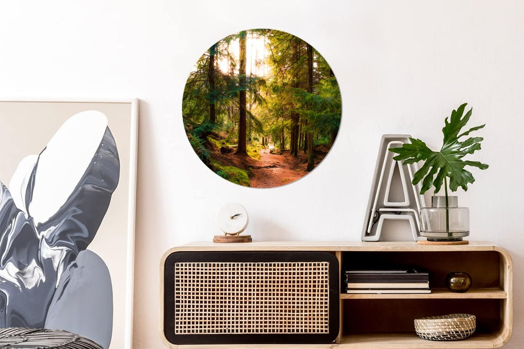 MuchoWow Wandbild Rund Wanddeko Deko Wohnzimmer Bilder 60x60 cm Wald - Weg - Bäume - Grün - Sonne -