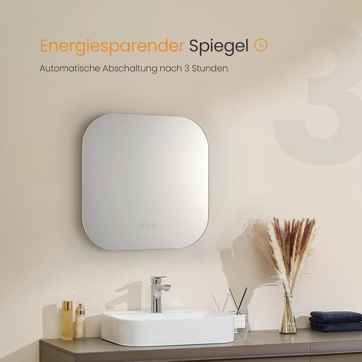 EMKE Badspiegel mit Beleuchtung 50x50cm mit 3 Lichtfarbe Dimmbar, Antibeschlag, Touchschalter, Speic