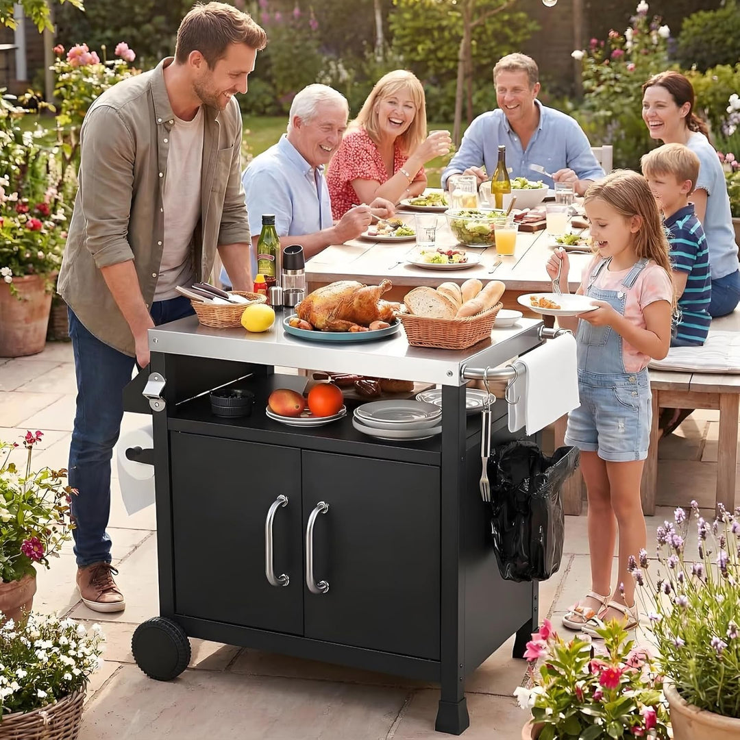 LIFERUN Edelstahl Grillwagen 3-Etagen, Grilltisch Servierwagen Beistelltisch, Grill Trolley Outdoor,