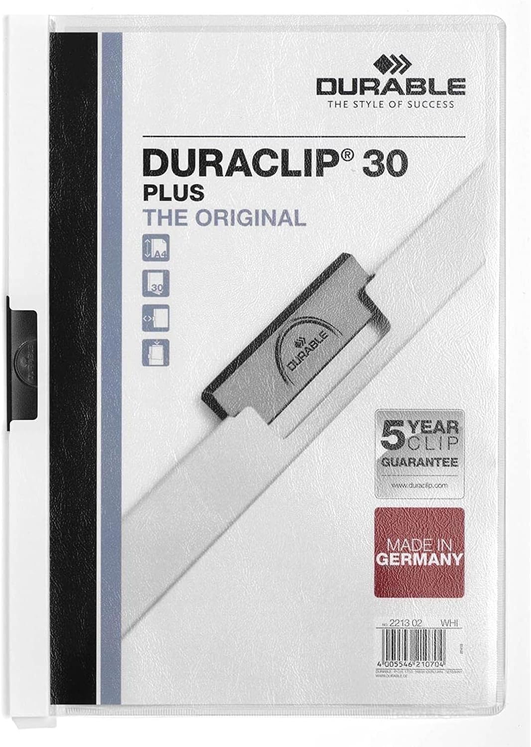 Durable Klemm-Mappe Duraclip 30 Plus, Hartfolie, bis 30 Blatt A4, weiss, 25er Packung, 221302