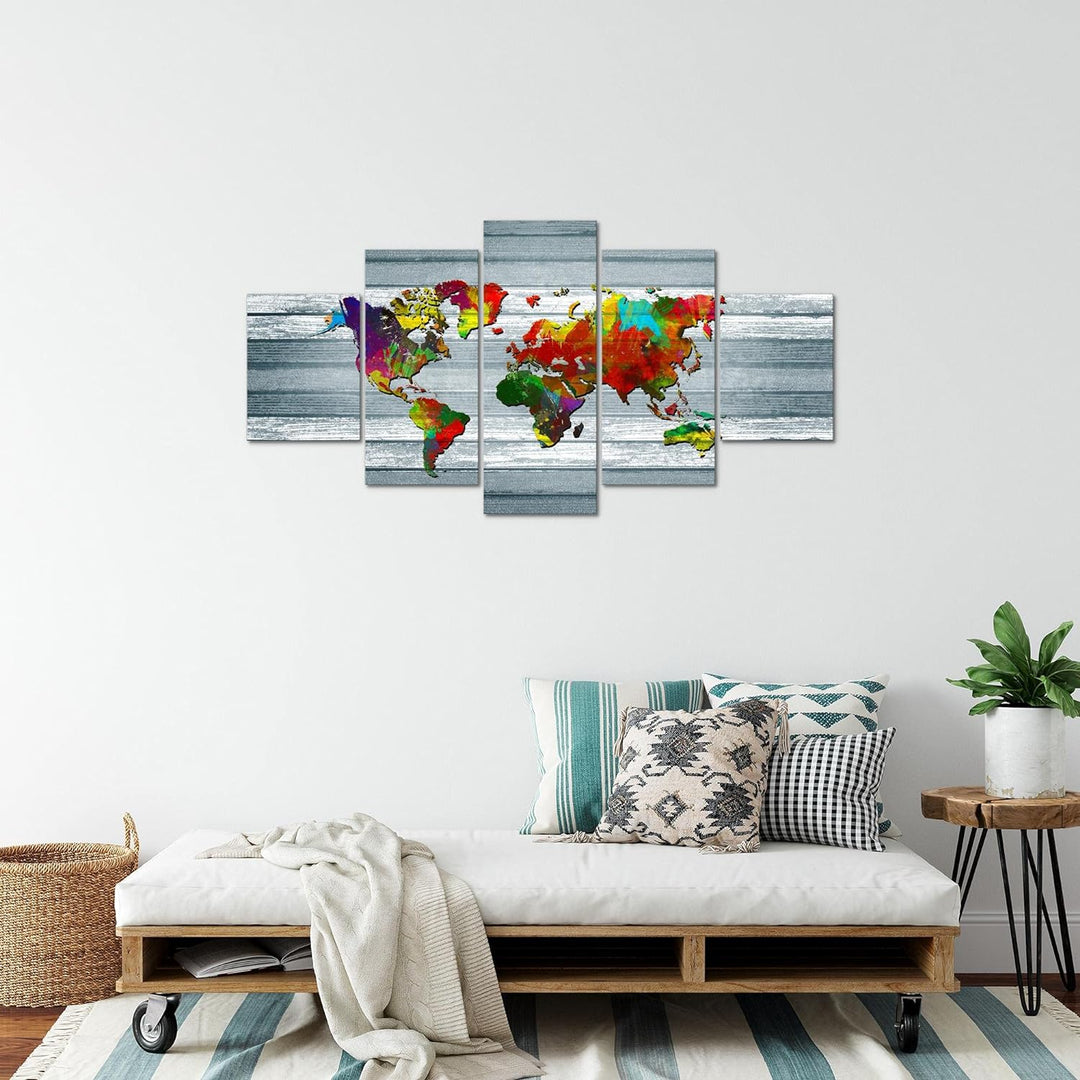 Runa Art Bild Büro Wohnzimmer Weltkarte 5 Teilig Kontinente Holz Bunt Wandbilder auf Vlies Leinwand