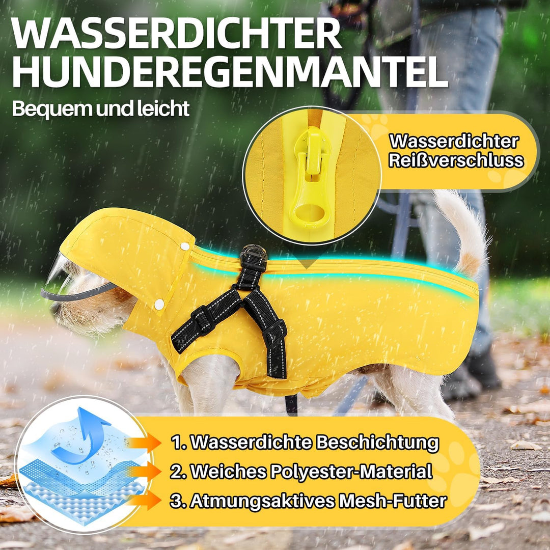 Hunderegenmantel, Wasserdichter Regenmantel mit Abnehmbarer Kapuze und Brustgeschirre, Reflektierend