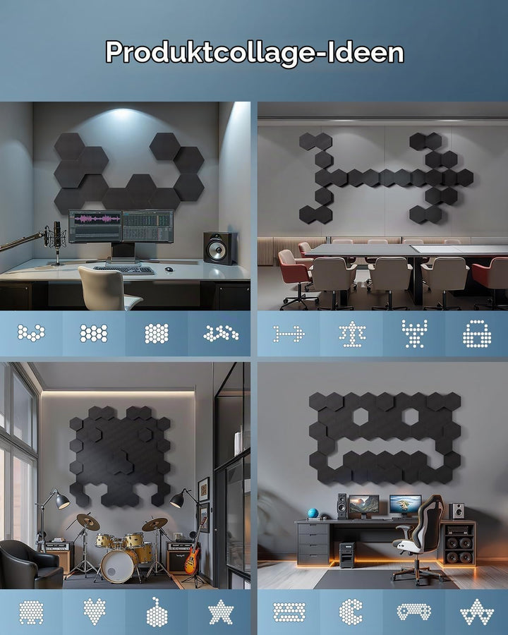Kuchoow Akustikschaumstoff Schallabsorber Akustikplatten Wand, 12 Stück 3D Hexagon Akustik Schaumsto