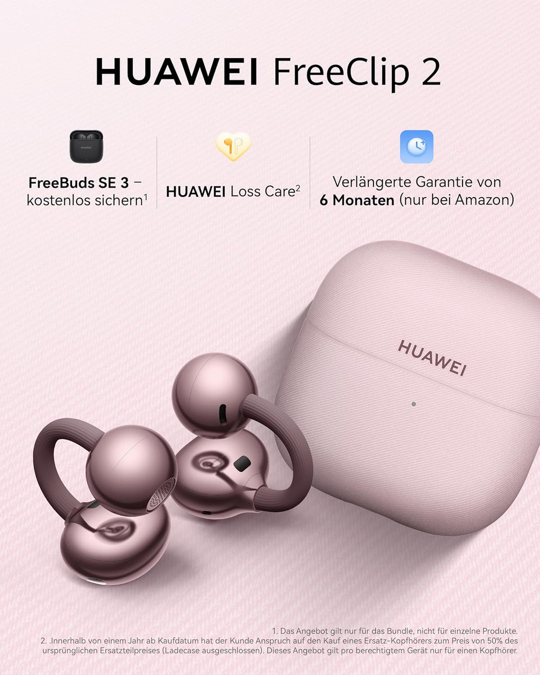 HUAWEI FreeClip 2 Violett+ FreeBuds SE 3 Schwarz, Kabellos Bluetooth Kopfhörer, Besonders leicht für