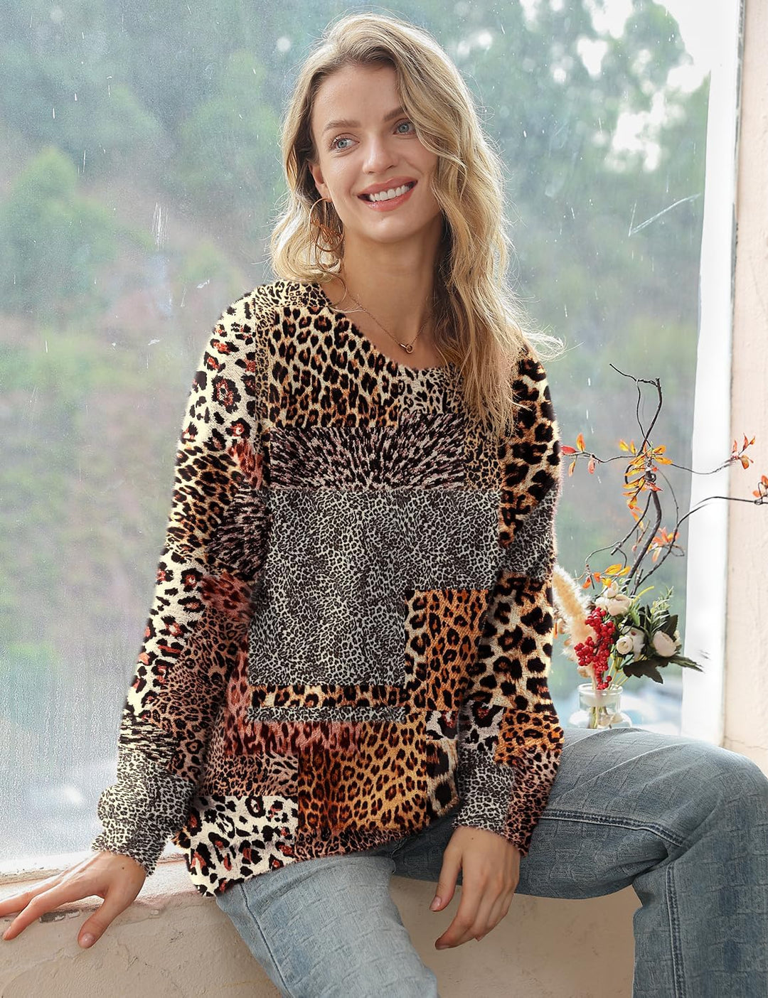 Janein Damen Pullover Oversize Lang Strickpullover Herbst Winter Rundhals Sweater mit Blumenmuster W