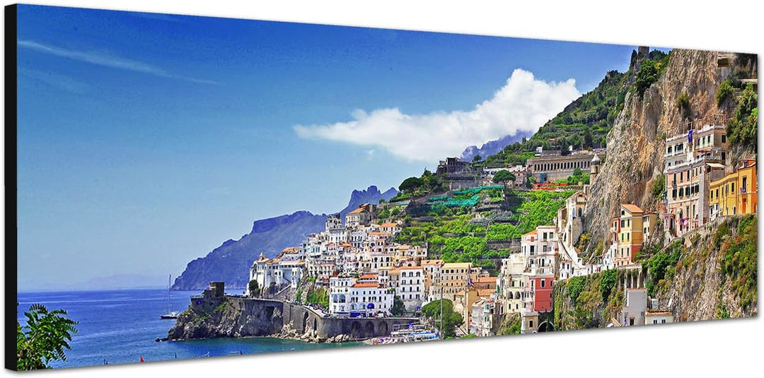 Paul Sinus Art Panoramabild auf Leinwand und Keilrahmen 150x50cm Italien Amalfi Meeresstadt Berge Me