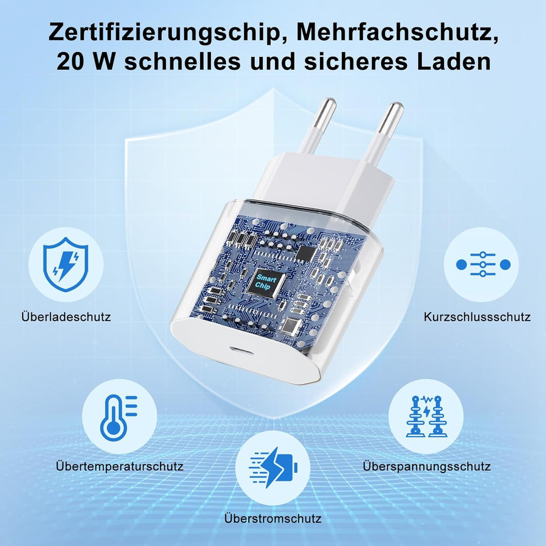 2 Pack 20W Schnellladegerät und Schnellladekabel für iPhone , Ladegerät mit iPhone Ladekabel 2M und