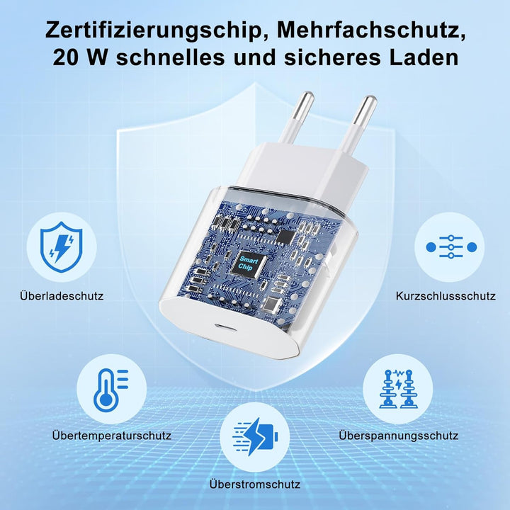 2 Pack 20W Schnellladegerät und Schnellladekabel für iPhone , Ladegerät mit iPhone Ladekabel 2M und