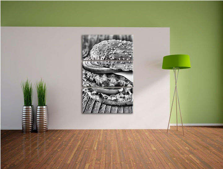 Pixxprint Leckerer Cheeseburger als Leinwandbild/Grösse: 3 Teilig (120x80) cm/Wandbild/Kunstdruck/fe
