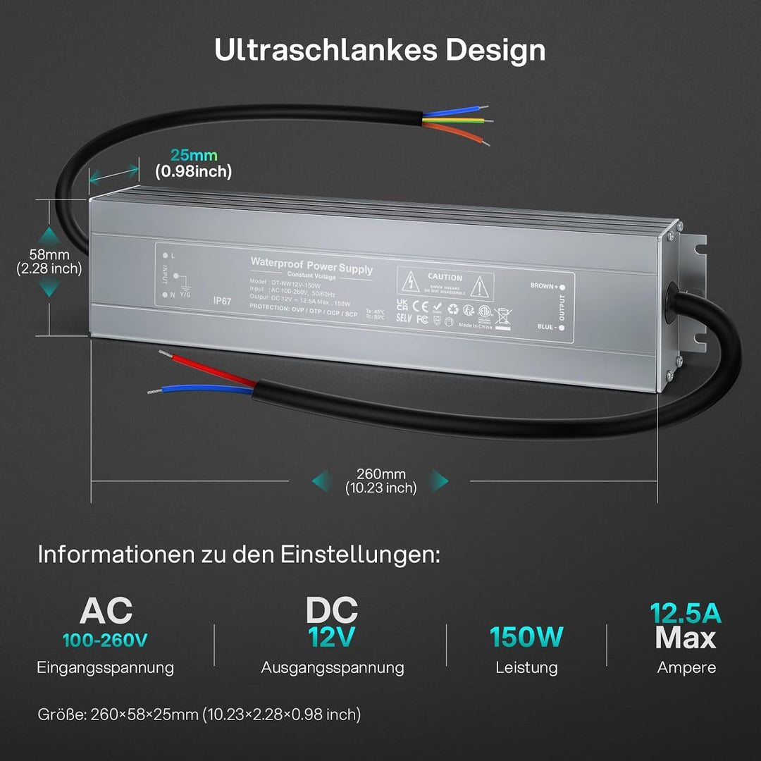 REYLAX LED Trafo 12V Wasserdicht 150W 12,5A LED Treiber Gleichstrom Netzteil IP67 Trafo 230V auf 12V