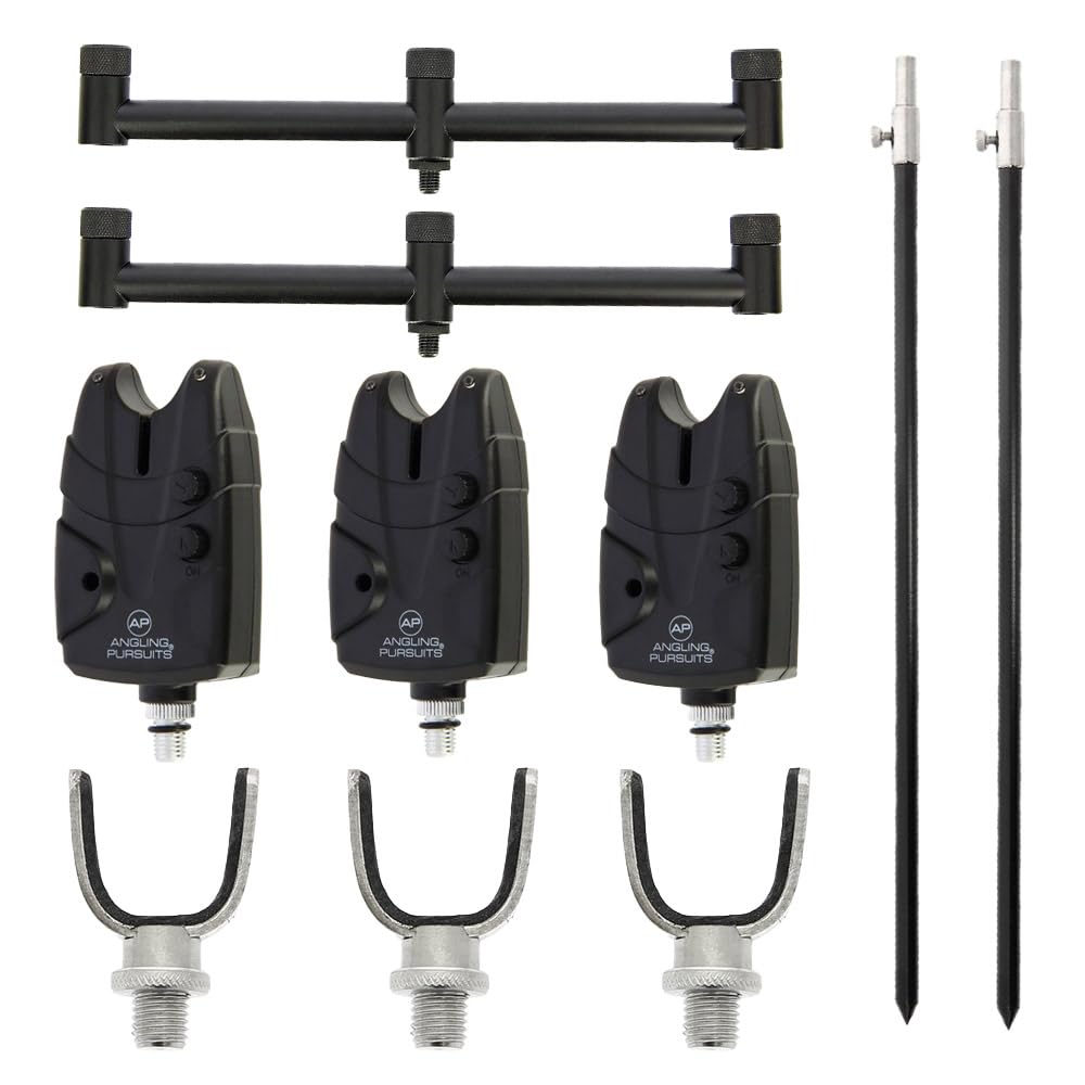 Rutenhalter Set - 2 Teleskop Bank-Sticks 50-90 cm, 2 Buzzer-Bars für 3 Ruten, 3 Edelstahl Rutenhalte