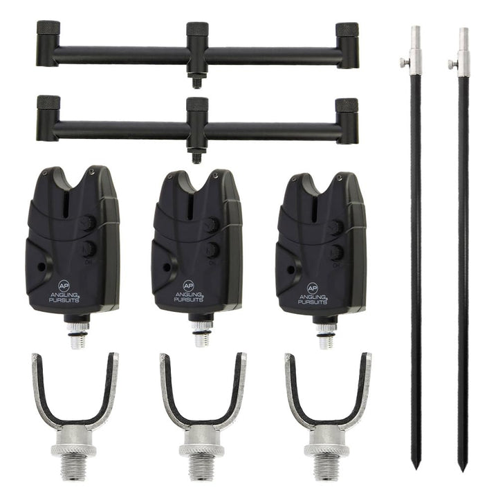 Rutenhalter Set - 2 Teleskop Bank-Sticks 50-90 cm, 2 Buzzer-Bars für 3 Ruten, 3 Edelstahl Rutenhalte