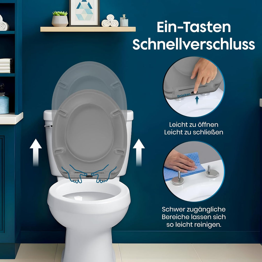 WC-Sitz mit Absenkautomatik, antibakteriell, UV-beständig, mit Quick-Release & Montageschablone – le