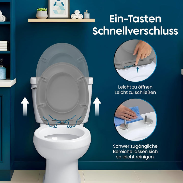 WC-Sitz mit Absenkautomatik, antibakteriell, UV-beständig, mit Quick-Release & Montageschablone – le