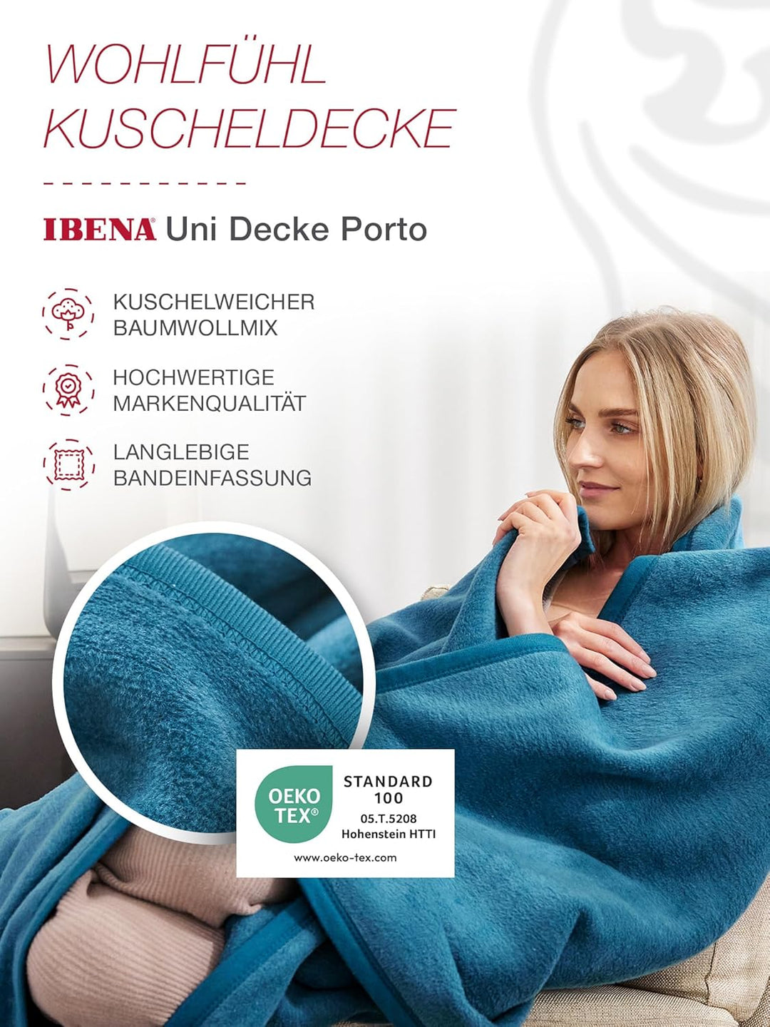 Ibena Porto XXL Decke 180x220 cm – Baumwollmischung weich, warm & waschbar, Tagesdecke Petrol einfar