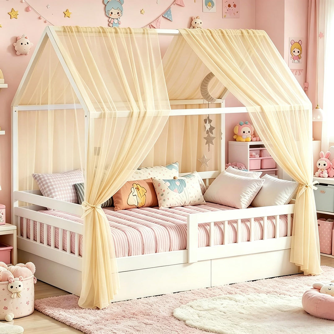 Khaki Hausbett Himmel, 2 Stück Betthimmel Hausbett 150 x 350 cm, Himmelbett Vorhänge für Mädchen & J