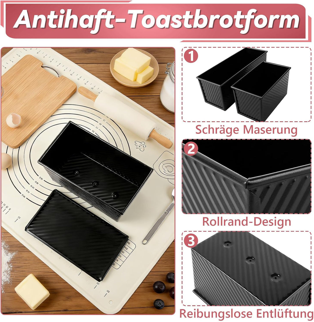 2 Stück Brotbackform mit Deckel, 31.8x12x11.43cm Kastenform mit Deckel, 21.6x12x11cm Toast Backform,