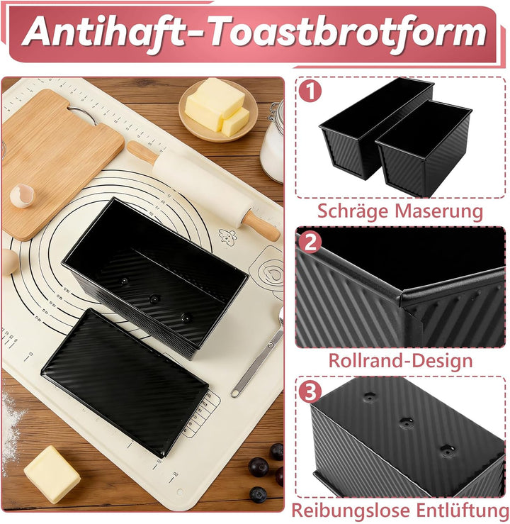 2 Stück Brotbackform mit Deckel, 31.8x12x11.43cm Kastenform mit Deckel, 21.6x12x11cm Toast Backform,