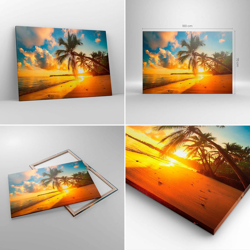 Bilder auf Leinwand 100x70cm Leinwandbild mit Rahmen Meer Strand Palme Gross Wanddeko Bild Schlafzim