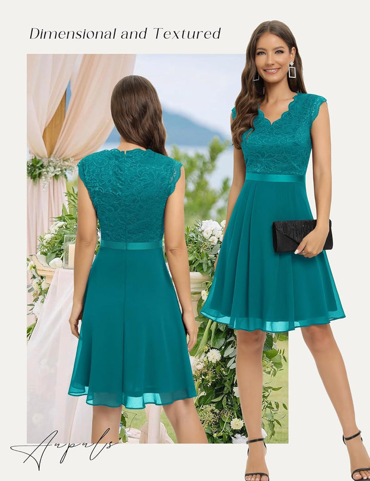 Dressystar Spitzen Cocktailkeid Elegant für Hochzeit Knielang Festlich Abendkleider Kurz XL Kurz-pfa