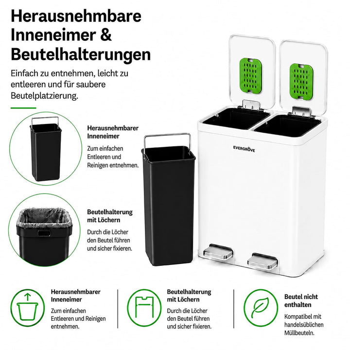 EverGrove 60L Edelstahl-Mülleimer mit Sortierung, zweifach schwarz (Arktisweiss, 30, Liter) 30 liter