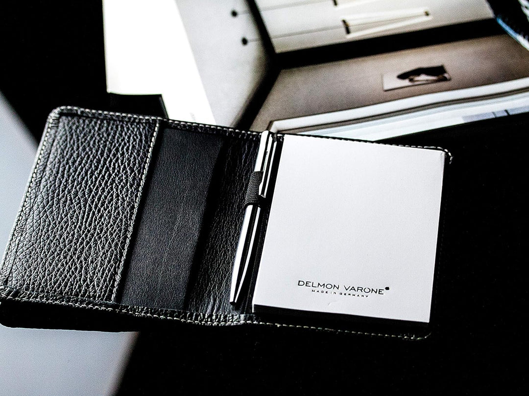 DELMON VARONE - Personalisierbares Notizblock Etui DIN A7 aus Premium Leder Soft Grain schwarz, Tasc