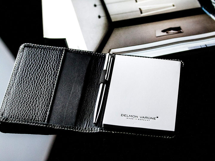 DELMON VARONE - Personalisierbares Notizblock Etui DIN A7 aus Premium Leder Soft Grain schwarz, Tasc