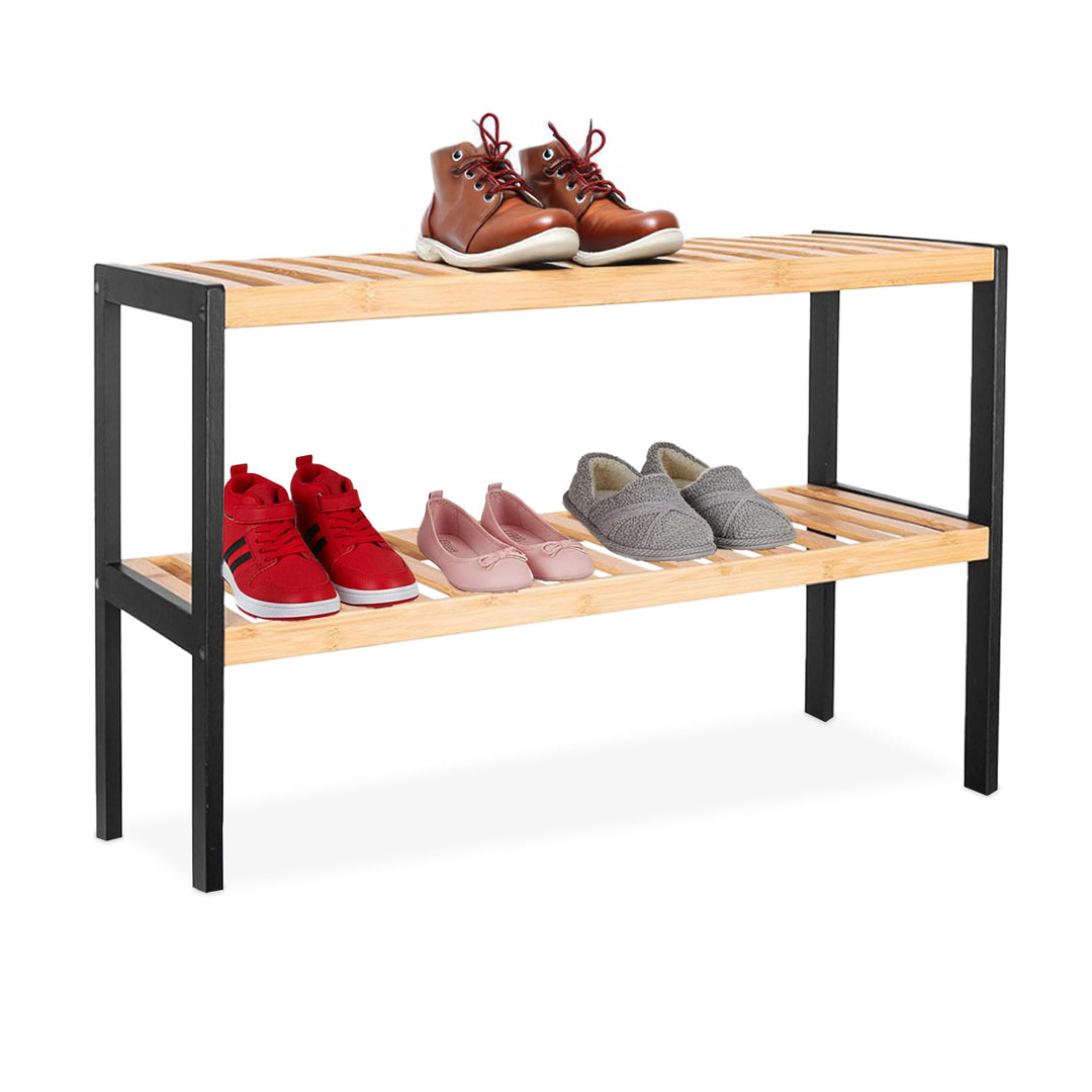 Relaxdays Schuhregal, HxBxT: 33 x 70 x 26 cm, Bambus, 2 Ebenen, 6 Paar Schuhe, Schuhständer Gitterab