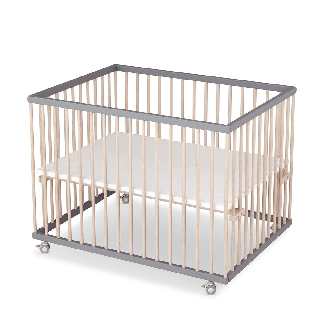Sämann Baby Laufstall aus Holz I Baby Laufgitter 75x100 cm Grau/Natur I Inkl. Matratze Cloud Air I R