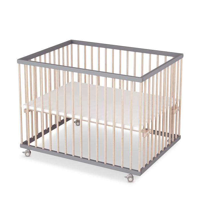 Sämann Baby Laufstall aus Holz I Baby Laufgitter 75x100 cm Grau/Natur I Inkl. Matratze Cloud Air I R