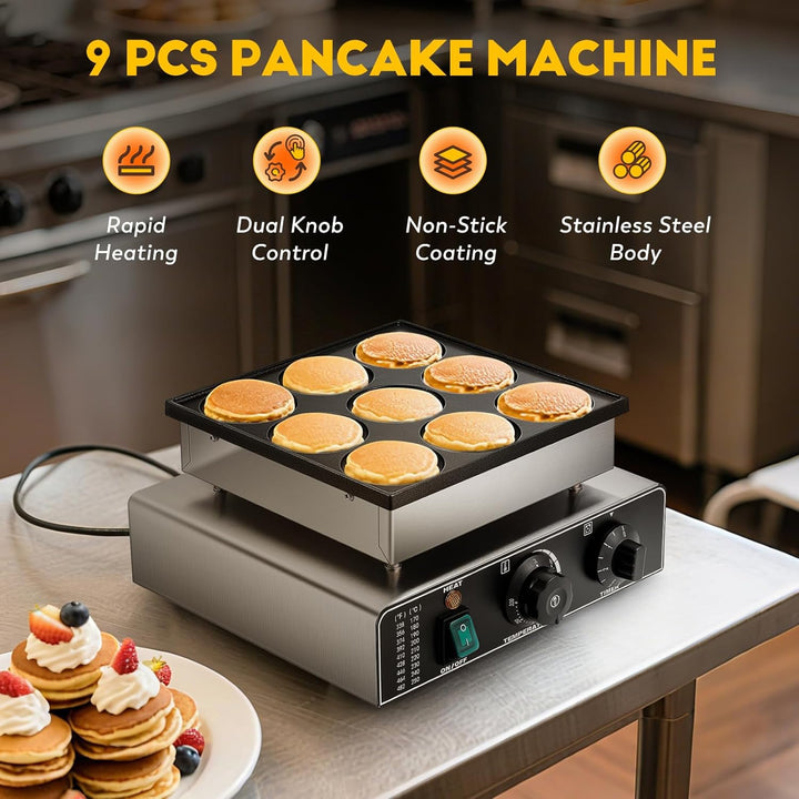 CGOLDENWALL 9 Loch Mini Pfannkuchenmaschine Kommerzielle, Elektrischer Mini-Pfannkuchenbäcker mit An