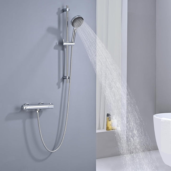 DETBOM Duschstange Edelstahl mit Handbrause 90cm, 3 Strahlarten Duschsystem, 360°Drehbar Duschkopfha